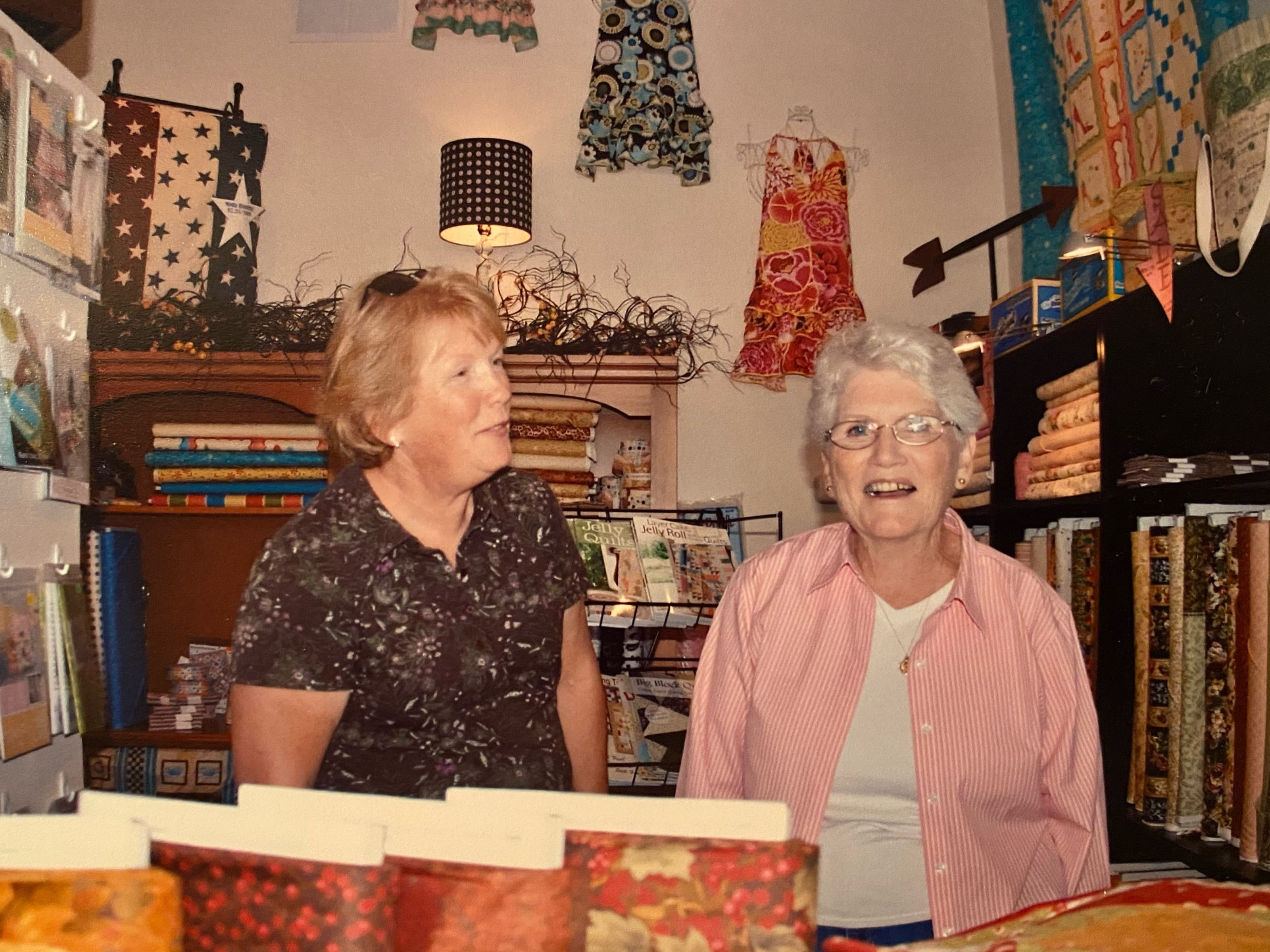 Susan and Beverley at a fabric store.